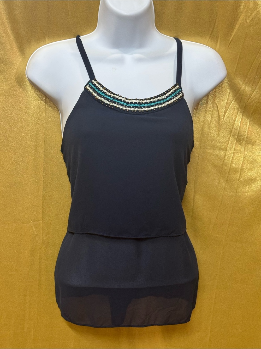 Iz Byer Beaded Neckline Chiffon Layered Sleeveless Blouse - Small